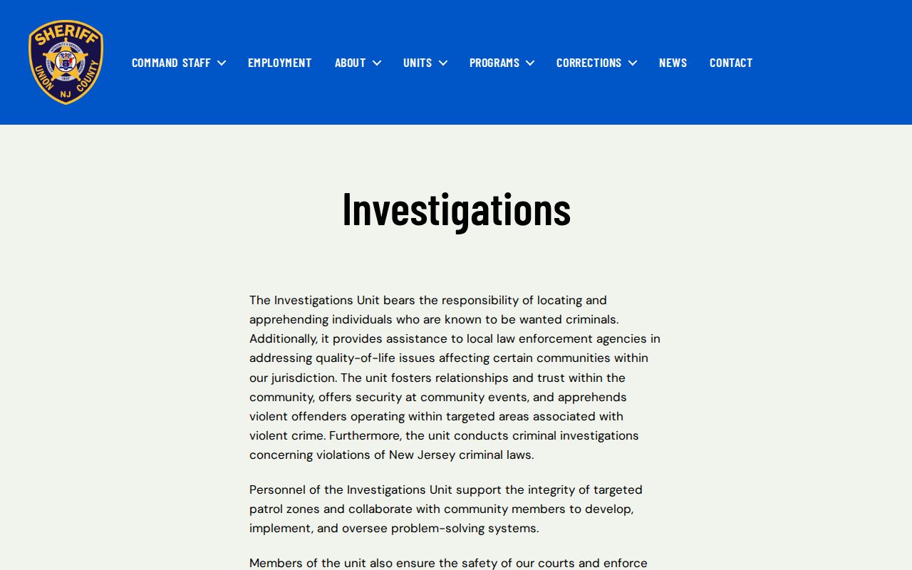 Union County Sheriff investigations page for fugitive and warrant information