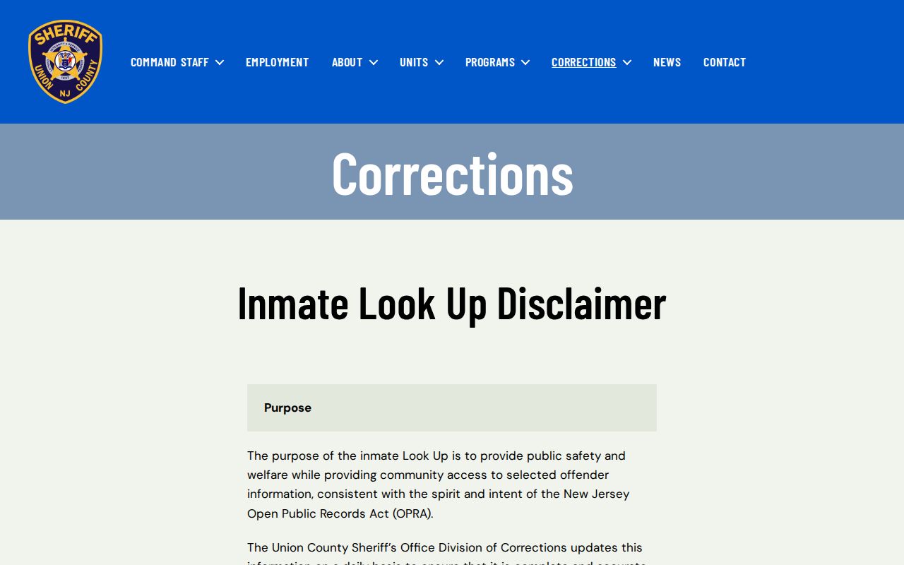 Union County inmate lookup booking-record policy source